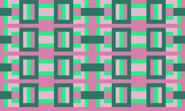  Abstract geometric pattern of squares in tidal green, light pink, dark pink and turquoise colors. Seamless vector illustration. 