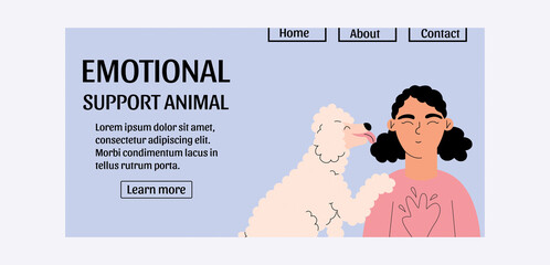 Girl and poodle. The concept of emotional support animal. Positive mental therapy. Web page template, banner. Vector illustration