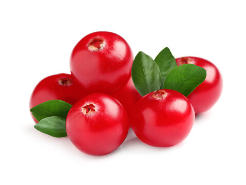 Fresh ripe red cranberries and green leaves on white background