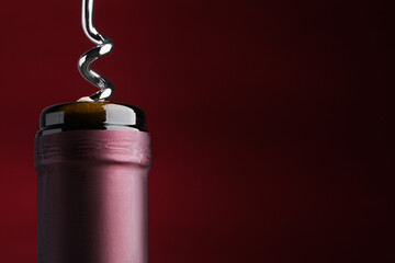 Opening bottle of wine with corkscrew on burgundy background, closeup. Space for text