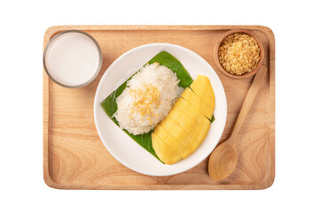 Mango sticky rice on white plate isolated on white background. Top view