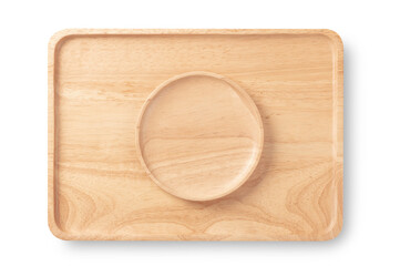 Top view Cutlery utensil ( wooden plate and tray ) on white background.