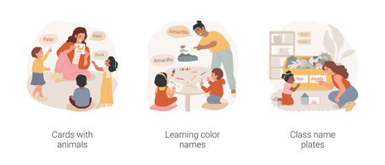 Foreign language study in kindergarten isolated cartoon vector illustration set. Cards with animals, learning color names, class name plates, early education bilingual program vector cartoon.