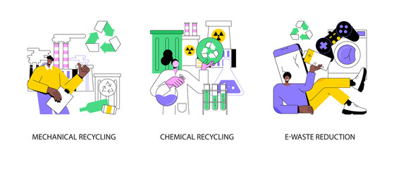 Waste management abstract concept vector illustration set. Mechanical and chemical recycling, e-waste reduction, trash disposal and utilization, electronics trade-in and reuse abstract metaphor.