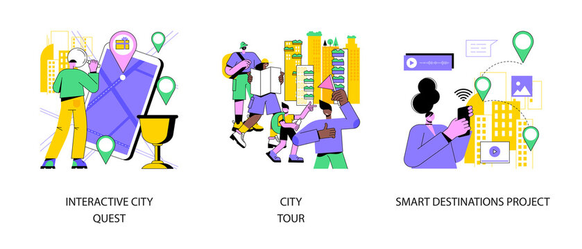 Sightseeing abstract concept vector illustration set. Interactive city quest, city tour, smart destinations project, urban park, old town, taking photos, smart spot, IoT tags abstract metaphor.