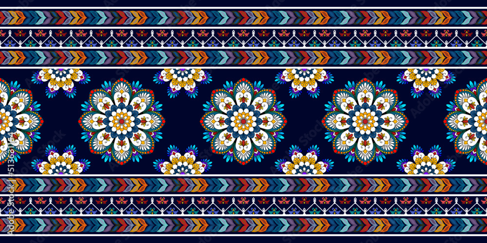 Wall mural Ikat ethnic textile motif seamless pattern design. Aztec fabric carpet mandala ornaments textile decorations wallpaper. Tribal boho native turkey traditional embroidery vector background 