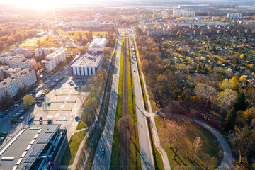 Fototapeta na wymiar Aerial view of city traffic, trams and cars in Wroclaw city, Poland