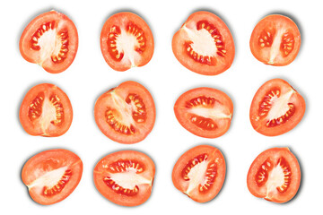 A lot of sliced ripe tomatoes on a white isolated background, a lot of tomatoes