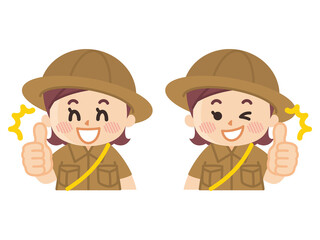 サムズアップする探検隊の女の子　ボーイスカウト　冒険　アウトドア