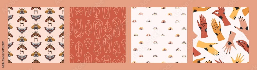 Wall mural set of magical themed seamless patterns. mystical backgrounds collection vector illustrations.