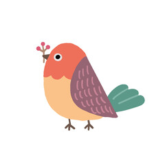 木の実をくわえた落ち着いたトーンのカラフルな鳥の手描きイラスト
