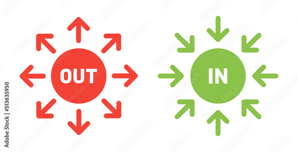 Poster Outside and inside circle and arrow vector symbol illustration. Red OUT and green IN sign.