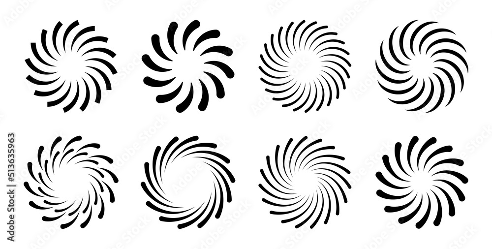 Poster Spiral swirl icon set. Vortex and whirl circle symbols collection. Vector design elements isolated on white background