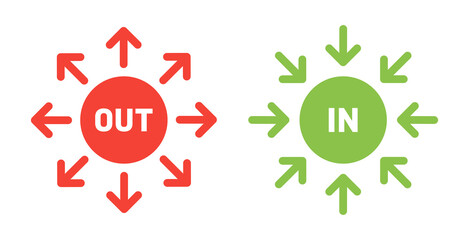 Outside and inside circle and arrow vector symbol illustration. Red OUT and green IN sign.