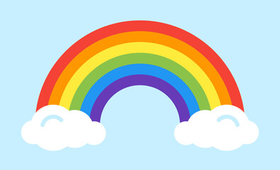 Rainbow illustration with cloud icon vector symbol isolated on blue sky background.