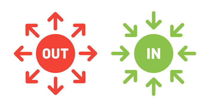 Outside and inside circle and arrow vector symbol illustration. Red OUT and green IN sign.