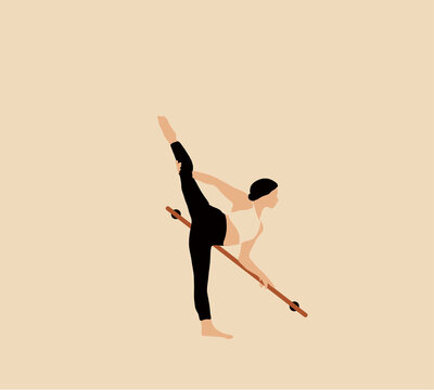 Woman in sportswear stretching legs near the ballet barre before dancing. Cartoon flat vector illustration.