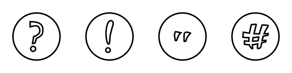 Conjunto de iconos de signos y símbolos. Interrogación, exclamación, comillas, numeral. Ilustración vectorial estilo simple