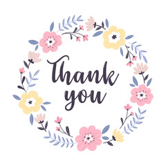Thank you. Postcard template with a frame of flowers and lettering.