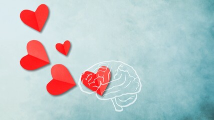 Red hearts fly out of the brain. Humans love concept