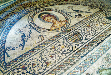 Detail of the Venus and Gladiator floor mosaic in the Roman villa at Bignor, West Sussex, England. - obrazy, fototapety, plakaty