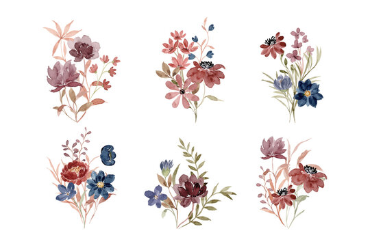 Watercolor wild flower bouquet collection
