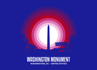 Washington Monument illustration. Moonlight symbol of famous statue and building in United States. Color tone based on official country flag. Vector eps 10.