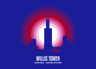 Willis Tower illustration. Moonlight symbol of famous statue and building in United States. Color tone based on official country flag. Vector eps 10.
