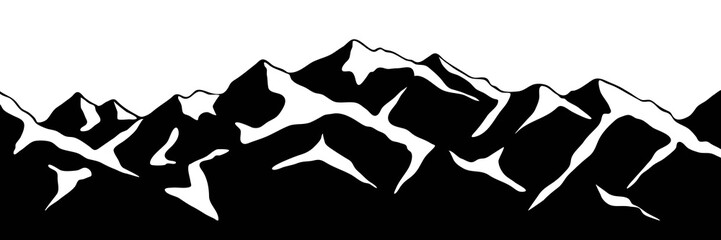 Snow covered mountain peaks, mountain range panoramic view, black and white landscape