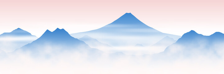 Mount Fuji at sunrise, morning fog, panoramic view, vector illustration