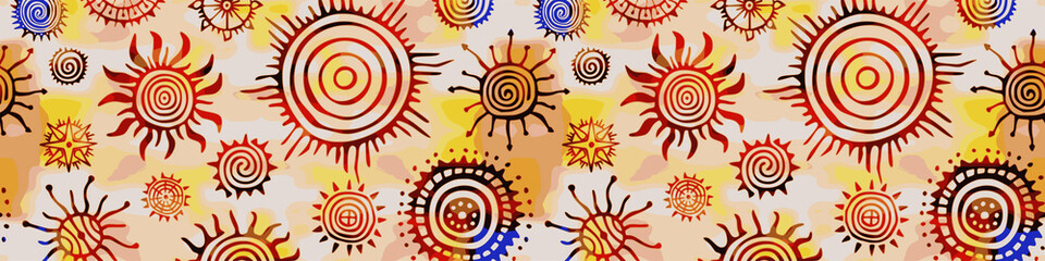 Ethnic background, multicolor border, sun symbols, vector design