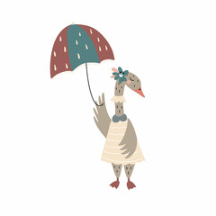 Cute circus duck with an umbrella. Vector illustration isolated on white background for your design