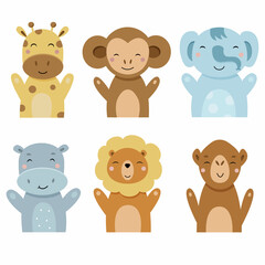 Set of cute designer animals on white background. Vector illustration for printing on fabric, postcard, wrapping paper, book, picture, Wallpaper. Cute baby background.