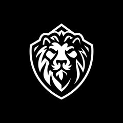 Lion shield line art or silhouette emblem logo design. Lion head and shield vector illustration on dark background