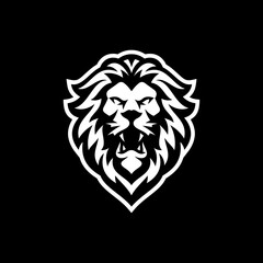 Obraz premium Angry roaring lion head line art or silhouette logo design. Lion face vector illustration on dark background