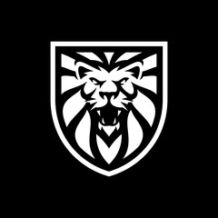 Lion shield line art or silhouette emblem logo design. Lion head and shield vector illustration on dark background