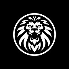 Lion head line art or silhouette in a circle logo design. Lion head emblem vector illustration on dark background