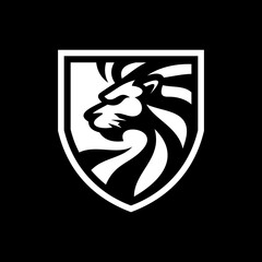 Lion shield line art or silhouette emblem logo design. Lion head and shield vector illustration on dark background