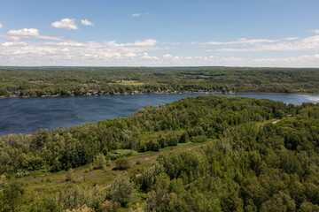 Port McNicoll drone panorama shot Northern central Ontario  blue skies blue lakes with clouds 
