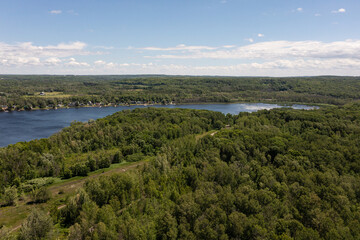 Port McNicoll drone panorama shot Northern central Ontario  blue skies blue lakes with clouds 