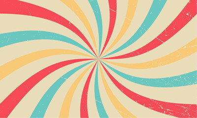 Retro sunburst vector background with a vintage color palette of blue yellow red and beige in a spiral or swirled radial striped design. Colourful grunge circus backdrop. 