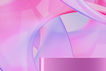 Pink platform on curved gradient rainbow colored transparent glossy. Abstract background for product presentation. 3D rendering