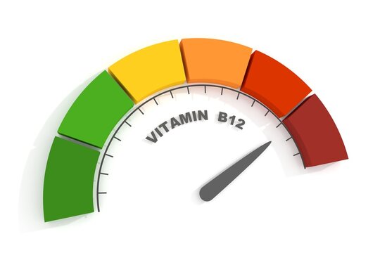 Vitamin B12 level abstract scale. Food value measuring. 3D render