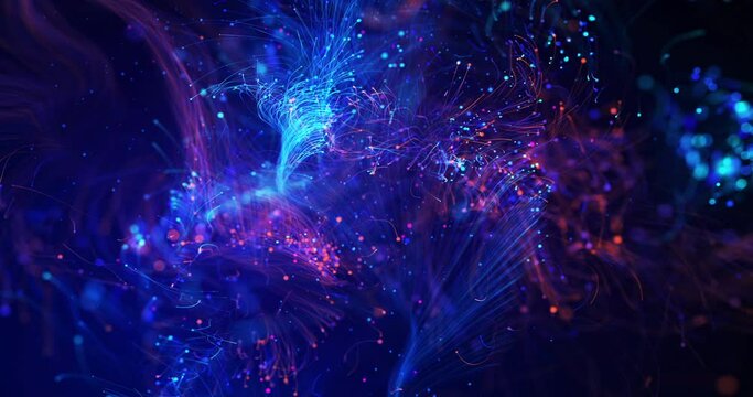 Abstract 3D Background Animation. Futuristic Optical Fibers. Electrical Signals Flowing Inside Of Complex Network. Technology Related 3D Animation.