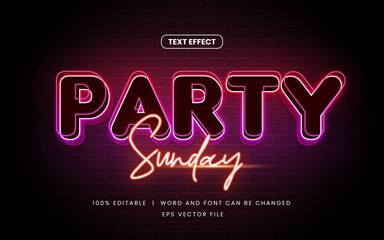 party sunday neon glow style editable text effect on brick wall background - obrazy, fototapety, plakaty