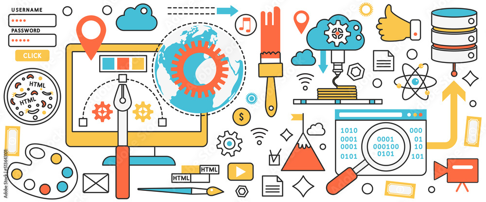 Poster Web application development technology. Abstract computer monitor with devices for design and work, search and analysis of digital data, programming in infographic concept banner, thin line art design