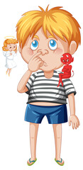 Cartoon character with devil and angel fighting in thought