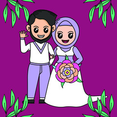 Vector illustration of cartoon wedding with plant and flower theme