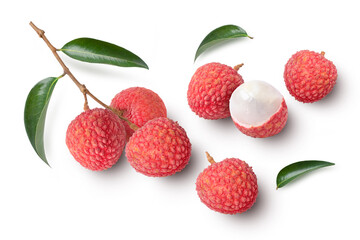 Fresh Lychee fruit and green leaf isolated on white background, Top view, Flat lay.