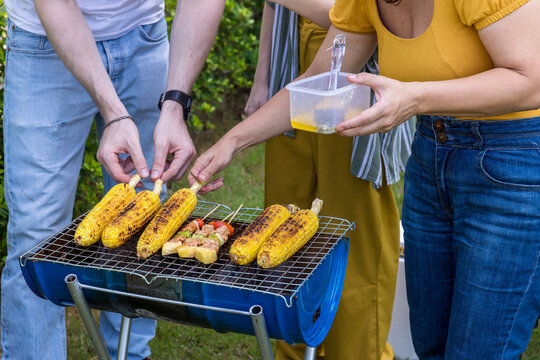 Family Enjoy Backyard Barbecues Party. People Hanging Out At Home Party. Family Having A Barbecue Party At Home. Family Cooking Grilled BBQ For Party In Backyard. Lifestyle On Holiday Concept